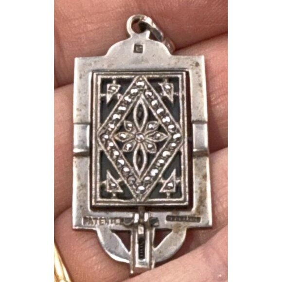 Art Deco Sterling Silver Marcasite Reversible Pendant Cross Floral Signed - Picture 2 of 9